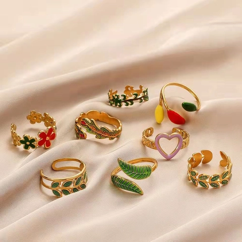 Adjustable Open Ring For Women Stainless Steel Gold Plated Colorful Enamel Flower Leaf Heart Vintage Style Jewelry