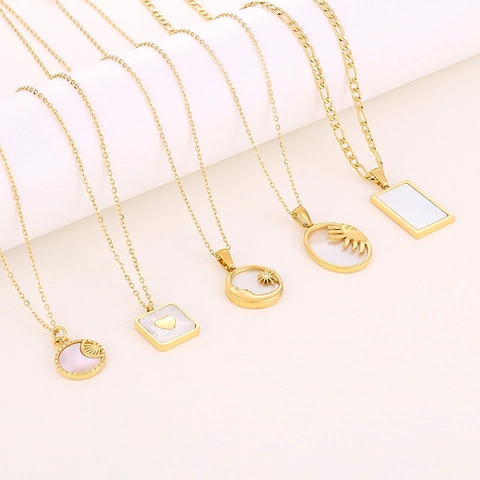 Collar Con Colgante De Acero Inoxidable Bañado En Oro Con Concha Blanca Para Mujer Corazón Luna Sol Geométrico Minimalista Retro Francés