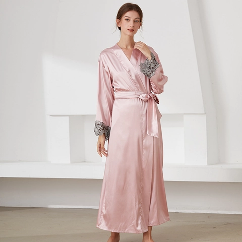 Damen Langer Bademantel KunstSatin Satin Nachtwäsche Spitze Manschetten Gürtel Kimono