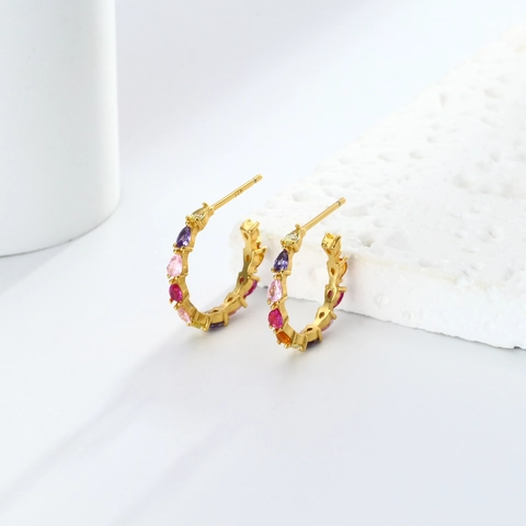 925 Sterling Silver Multicolor Zirconia C-Shaped Hoop Earrings French Style Colorful CZ Stud Earrings For Women Jewelry