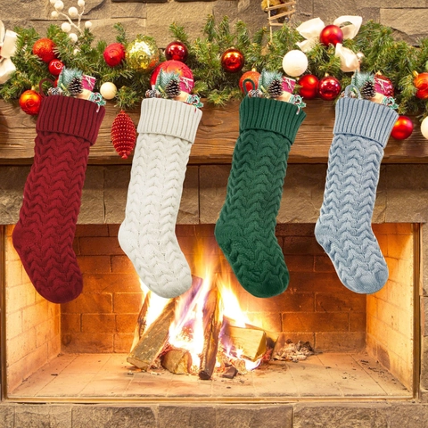 Christmas Stocking Knitted Acrylic Large Small Size Hanging Gift Bag Wave Pattern Holiday Decoration Fireplace Ornament