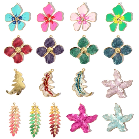 Flower Leaf Starfish Pendants Colorful Enamel Stainless Steel Charms With Rhinestone For DIY Jewelry Making Retro Women