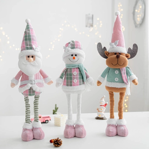 Christmas Plush Fabric Decoration With Telescopic Legs Santa Snowman Reindeer Knitted Figurine For Holiday Home Decor