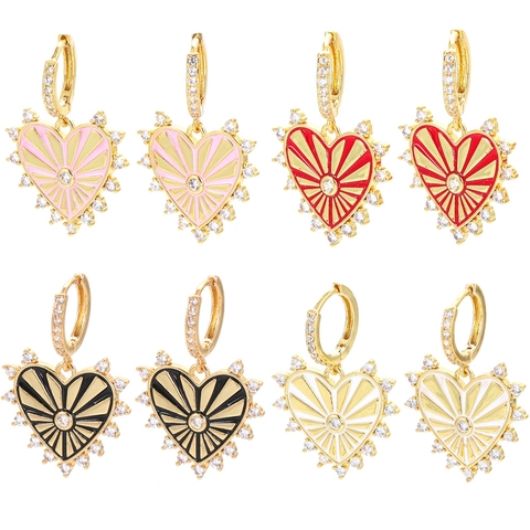 Orecchini a Cerchio con Pendente a Cuore in Rame e Zirconia Smalto Colorato Motivo a Raggio di Sole Gioielli Donna