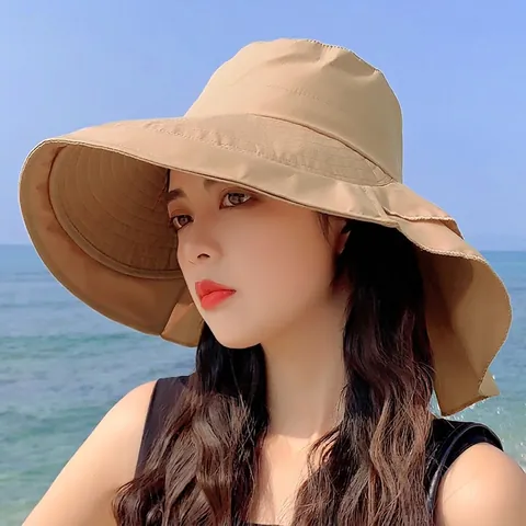 Women Wide Brim Sun Hat With Neck Protection Flap Ponytail Hole Nylon Foldable UV Protection Summer Beach Fisherman Hat