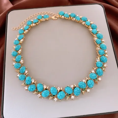 Necklace Earrings Vintage Round Turquoise Resin Alloy Rhinestone Bohemian Luxury Jewelry With Silver Earring Post For Women