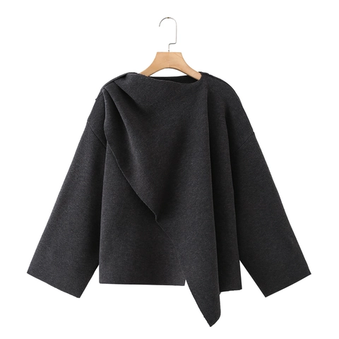 Dames Gebreide Poncho Trui Met Aangehechte Sjaalkraag Asymmetrische Drapering Zachte Lange Mouw Cape Top Met Zakken