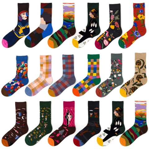 Chaussettes Mi-Mollet à Imprimé Artistique Pour Hommes Et Femmes En Mélange De Coton Coloré Avec Motifs Floraux Animaux Et Nourriture