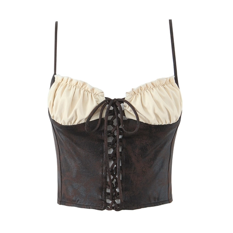 Canotta Vintage In Pelle PU Da Donna Patchwork Bustier Stringato Retro Marrone Streetwear Sexy Vestibilità Slim Crop
