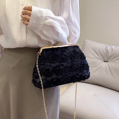 Rose Flower Evening Bag Women Floral Wedding Clutch Purse With Circular Metal Handle Rhinestone Kiss Lock Crossbody Handbag