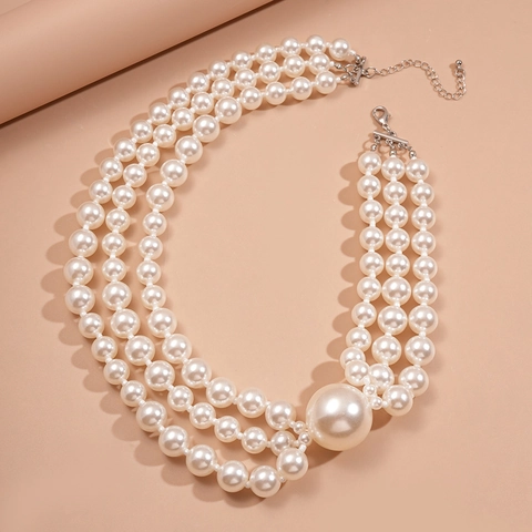 Mehrlagige Künstliche Perlenhalskette Drei Lagen Retro Übertrieben Asymmetrisch Große Künstliche Perle Akzent Damen Vintage Schmuck