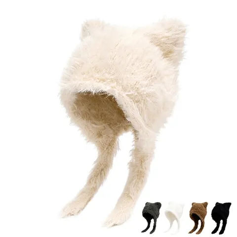 Damen Plüsch Bär Katzenohren Strickmütze Winter Warm Ohrenschutz Kunstpelz Flauschige Beanie Für Kaltes Wetter