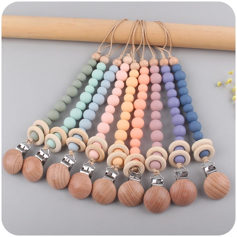 Silicone Beads Pacifier Clip Chain Natural Beech Wood Teether Rings Soother Holder Strap For Infant Toddler