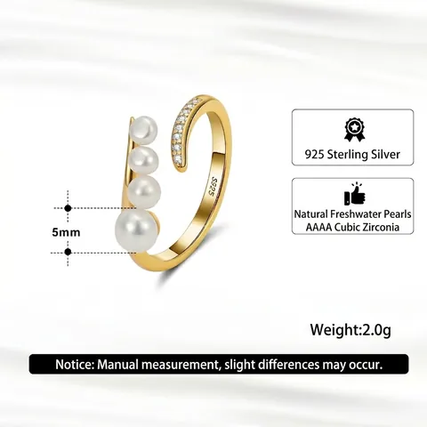 925 Sterling Silver Freshwater Pearl Ring For Women French Vintage Geometric Adjustable Open Ring Gold Silver Plated Zirconia Jewelry