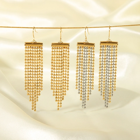 Stainless Steel Personality Long Tassel Bead Chain Drop Earrings 18K Gold Plated Western Style Jewelry For Women
