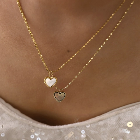 Collana Pendente Cuore Acciaio Inossidabile Conchiglia Naturale Intarsiata Bordo Perlato Placcato Oro Stile Francese Donna