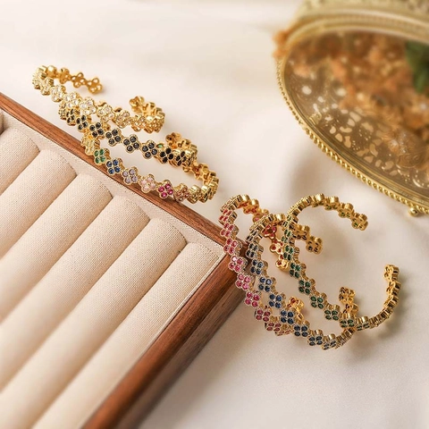Luxury Copper Clover Open Bangle For Women Colorful Zirconia Inlaid Adjustable Flower Bracelet Fashion Jewelry Gift