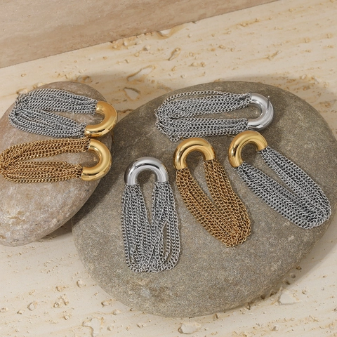 Stainless Steel Tassel Earrings Geometric Curved Chain Dangle Studs Modern Minimalist Elegant Jewelry For Women