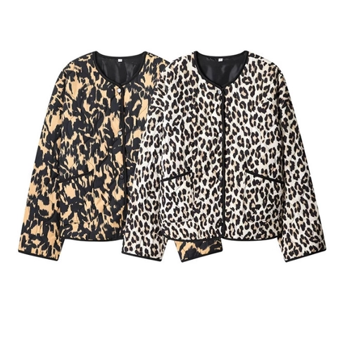 Dames Gewatteerde Jas Met Luipaardprint Ronde Hals Knoopsluiting Lange Mouwen Lichtgewicht Pufferjas Met Zakken Casual Bovenkleding