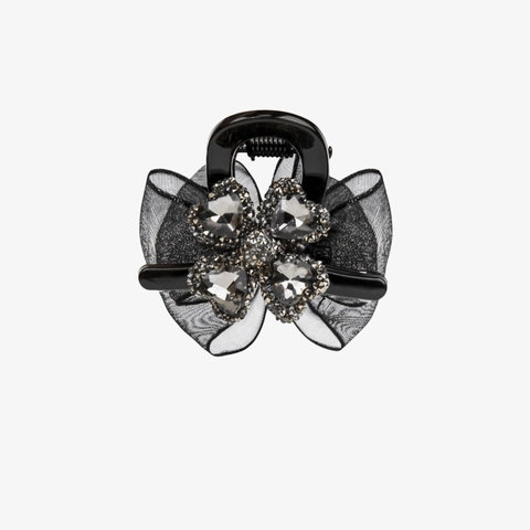 Pinza Para El Pelo De Trébol De Cuatro Hojas Con Diamantes De Imitación Y Lazo De Malla Plástico Elegante Para Mujeres