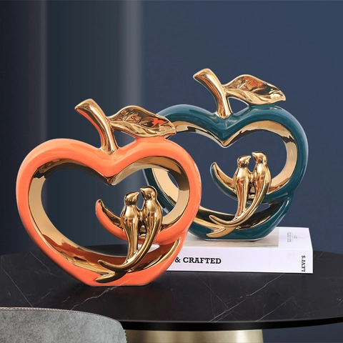 Ceramic Apple Bird Heart Figurine Ornament Hollow Electroplated Gold Accent Modern Luxury Home Office Desktop Bookshelf Decor Art