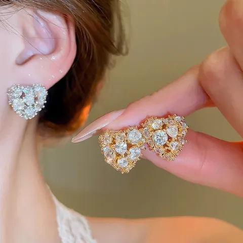 Heart Stud Earrings Zircon 18K Gold Plated Copper With 925 Sterling Silver Earring Post For Women Fashion Elegant
