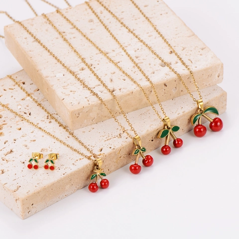 Cherry Pendant Necklace And Stud Earrings 304 Stainless Steel 18K Gold Plated Red Enamel Fruit Jewelry For Women Girls