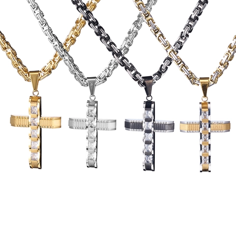 Collar Con Colgante De Cruz De Acero Inoxidable Para Hombres Mujeres Circonita Incrustada Cadena Bizantina Joyería Religiosa