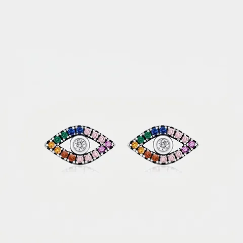 Evil Eye Stecker Ohrringe Bunte Zirkonia 925 Sterling Silber Ohrstecker Regenbogen Retro Exotisch Damen