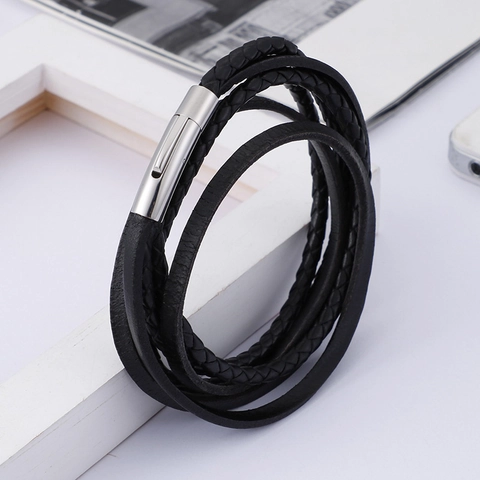 Bracciale In Pelle Intrecciata Multistrato Con Chiusura Magnetica In Acciaio Inossidabile Stile Punk Da Uomo