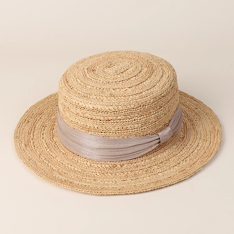 Chapeau Boater En Raphia Fait Main Pour Femmes Bord Plat Large Avec Noeud En Ruban Protection Solaire Été Plage
