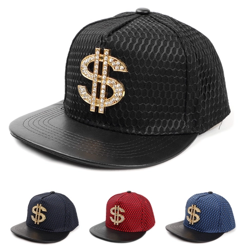 Cappello Da Baseball A Tesa Piatta Rete Traspirante Strass Segno Del Dollaro Hip Hop Snapback Per Uomo Donna Punk