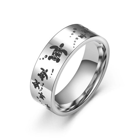 Sea Turtle Engraved Ring Stainless Steel Band Polished Animal Punk Style Jewelry For Men Women
