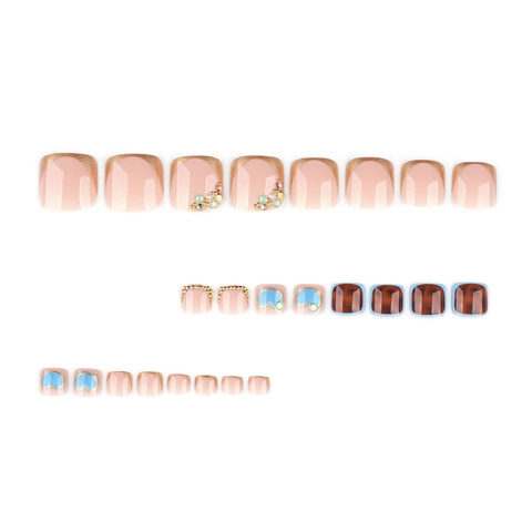 Aufpress Zehennägel Straßstein Künstliche Perle Goldrand Nude Rosa Blau Braun Glänzend Künstliche Fußnägel Für Damen