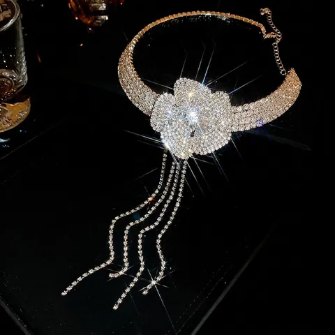 Collana Choker Con Nappe A Fiori Di Strass Rame Lusso Scintillante Elegante Gioielli Da Sposa Per Donne