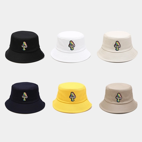Mushroom Embroidery Cotton Canvas Bucket Hat UV Protection Wide Brim Flat Top Summer Outdoor Sun Hat For Women Men