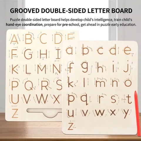 Wood Alphabet Letter Tracing Board Double Sided Grooved Numbers Shapes Handwriting Writing Practice Tool For Preschool Kids