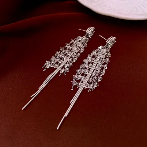 Oval Zircon Long Tassel Earrings Glass Fringe Dangle Jewelry With 925 Sterling Silver Earring Post For Women Fashion