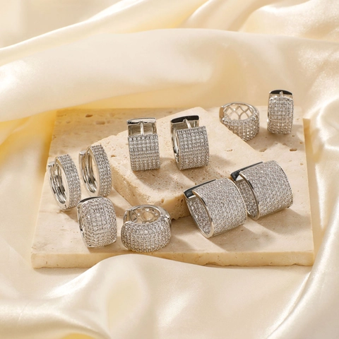 Pendientes de Aro de Cobre de Lujo Vintage con Micro Circonia para Mujer Color Plata Geométricos Pendientes Joyería de Fiesta