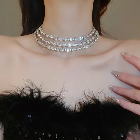 Collar Gargantilla De Triple Fila De Diamantes De Imitación Para Mujer Elegante Cadena De Clavícula De Cobre Joyas Brillantes