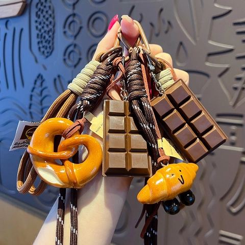 Portachiavi Cibo Simulazione PVC Resina Peluche Pretzel Croissant Baguette Ciondolo Borsa Corda Intrecciata Carino Cartone Animato Regalo
