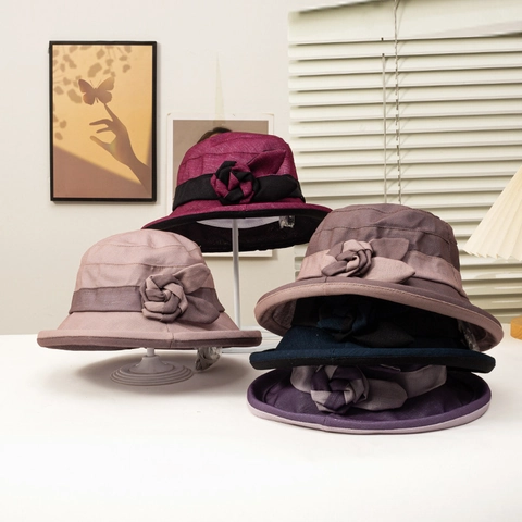 Cappello Alla Pescatora Donna Elegante Fibra Di Viscosa Decorazione Floreale Fiocco Protezione Solare Traspirante Bordo Arrotolato