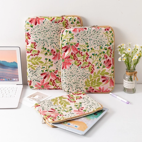 Funda Para Portátil Bordada Con Margaritas Tela Acolchada Estuche Para Tableta Bolsa De Protección Antigolpes Forro Estético