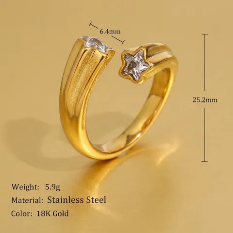 Sternring Offen Verstellbar Edelstahl 18K Vergoldet Zirkon Pentagramm Minimalistischer Modeschmuck Für Damen