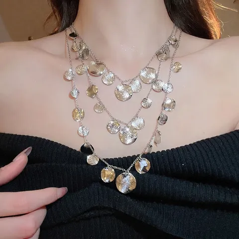 Collier Multi Rangs Pendentif Disque Rond Martelée Alliage Métal Chaîne De Clavicule Bijoux Mode Pour Femmes