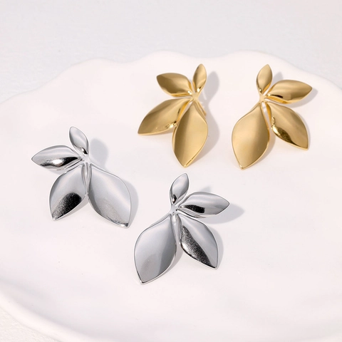 Leaf Stud Earrings Stainless Steel 18K Gold Plated Minimalist Niche Design Polished Fashion Vacation Jewelry For Women