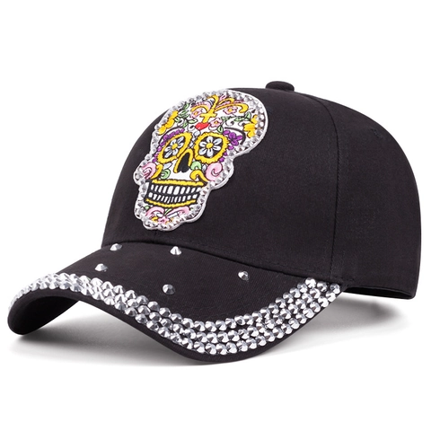Rhinestone Rivet Sugar Skull Embroidery Cotton Baseball Cap Adjustable Sun Protection Outdoor Sport Hat For Men Women