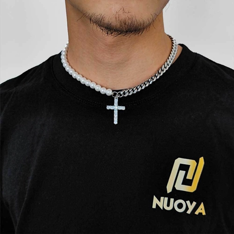 Stainless Steel Cuban Chain Mixed Glass Artificial Pearl Necklace With Iced Out Copper Zircon Cross Pendant Hip Hop Style Unisex