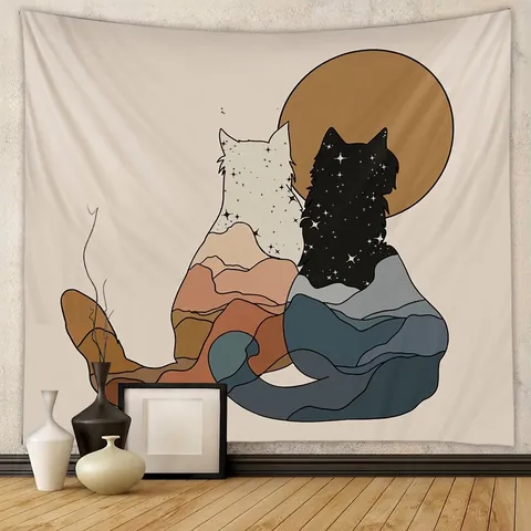 Arazzo Da Parete Poliestere Silhouette Di Gatto Paesaggio Di Montagna Stampa Colori Morandi Stile Boho Decorazione Casa