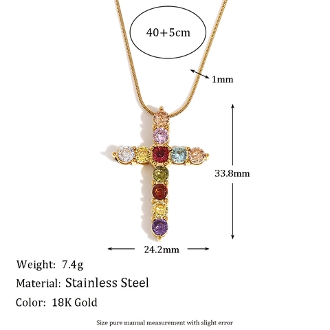 Collana Con Pendente A Croce Acciaio Inossidabile Placcato Oro 18K Zirconia Cubica Colorata Catena Serpente Moda
